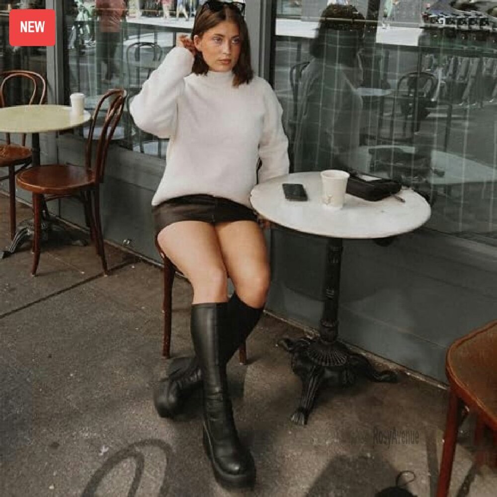 Knee High Platform Combat Boots Elastic Leather Chunky Heel Zipper - Picture 3 of 8